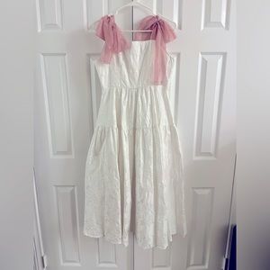 White floral stitched dress with pink bow shoulder ties - size 6